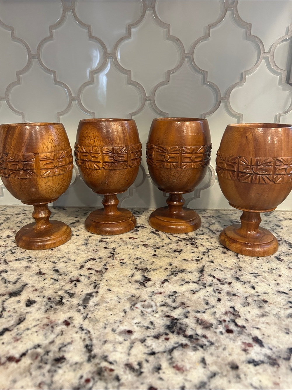 Source Unknown Hand-Carved Wooden Goblet Set - Brown
